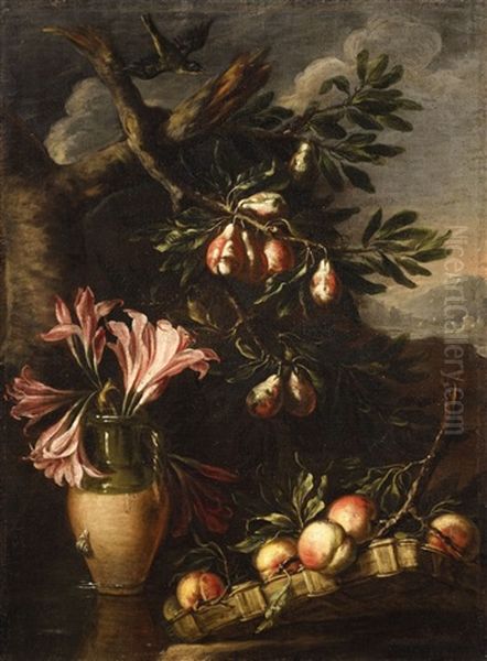 Vase With Lilys And Fruit Branches Before A Landscape - view 1