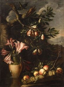 Vase With Lilys And Fruit Branches Before A Landscape by Felice Boselli