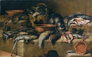 Stillleben Mit Fischen, Einem Weidenkorb, Weinblattern Und Einer Katze Mit Ihrer Beute by Felice Boselli