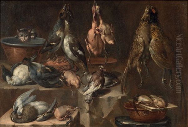 Natura Morta Con Selvaggina, Pollame, Gatto, Piccione E Bacili Di Rame - view 1