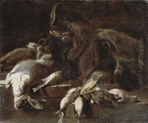 Stillleben Mit Wildschwein, Kaninchen Und Vogeln Auf Einem Tisch