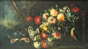 A Still Life With Flowers And A Bird (+ A Companion Still Life; Pair) by Felice Boselli