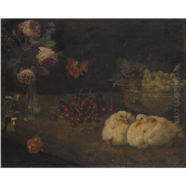 A Still Life With Grapes In A Bowl, Cherries, Roses In A Vase And A Pair Of Doves, All On A Table - view 1