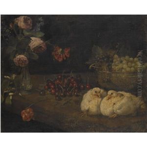 A Still Life With Grapes In A Bowl, Cherries, Roses In A Vase And A Pair Of Doves, All On A Table by Felice Boselli