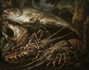 Still-life Of Two Lobsters, A Salmon And Shells On A Forest Floor