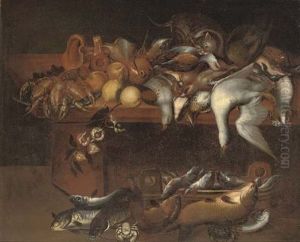 Dead Partridges, A Goose And Other Game, A Cat, Lobsters, Lemons And Mushrooms On A Table, A Basket Of Fish Nearby by Felice Boselli