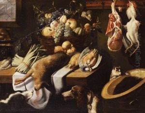 Nature Morte Med Fuglevildt, Skinke, Asparges Og Frugtkurv Pa Bord, I Forgrunden To Jagthunde Samt Kat by Felice Boselli