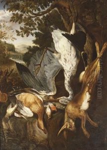 Nature Morte Med Ophaengt Fuglevildt Og Hare, I Baggrunden Det Abne Land by Felice Boselli
