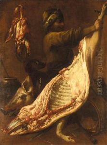 An Interior Of A Butcher's Shop With A Butcher Preparing A Side Of Pork, Together With A Cat And A Dog by Felice Boselli