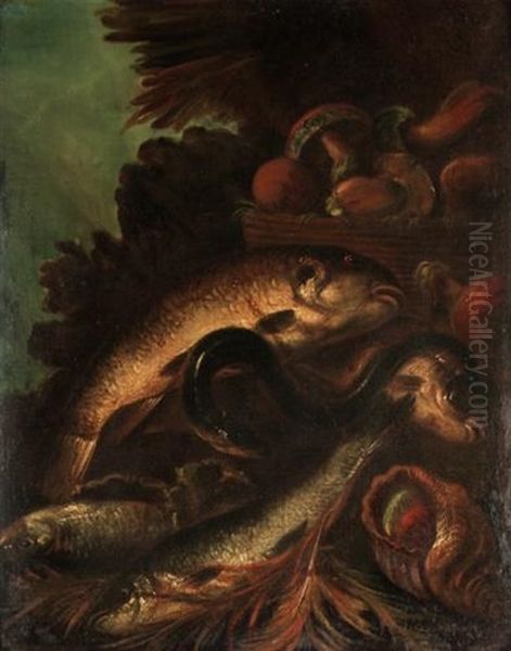 Still Life Of Fish, An Eel, And A Sea Shell Together With A Basket Of Mushrooms, In A Landscape - view 1