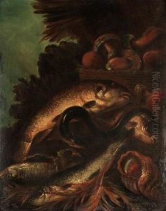 Still Life Of Fish, An Eel, And A Sea Shell Together With A Basket Of Mushrooms, In A Landscape
