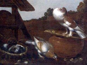 Pigeons And Chicks In A Farmyard by Felice Boselli
