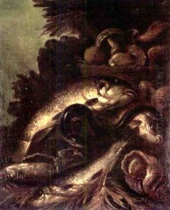 Still Life Of Fish, And Eel, And A Sea Shell Together With A Basket Of Mushrooms, In A Landscape
