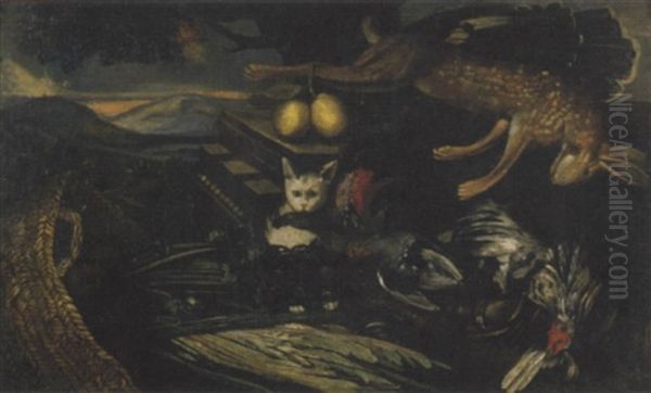 Cacciagione, Frutta, Cesto Con Cardi Ed Un Gatto En Plein Air - view 1