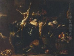 Tavola Imbandita Con Cacciagione, Frutta, Verdura, Pesce, Gatti E Un Cane Tavola Imbandita Con Cacciagione, Frutta, Verdura, Pesce, Gatti E Un Cane