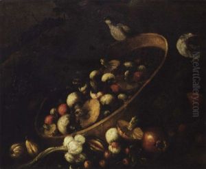 Still Life With A Basket, Mushrooms, Onions, Tomatoes, And Grapes Together With Other Vegetables And Song Birds by Felice Boselli