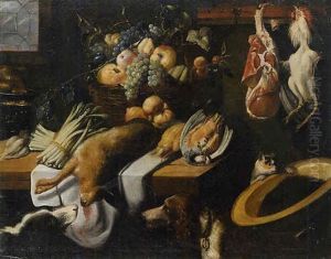 Cacciagione, Pollame Appeso, Verdura E Frutta Su Tavolo Con Due Cani E Gatto In Interno Cacciagione, Pollame Appeso, Verdura E Frutta Su Tavolo Con Due Cani E Gatto In Interno