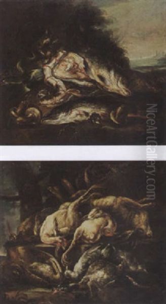 A Still Life Of Fish And Mushrooms In A Landscape Setting - view 1