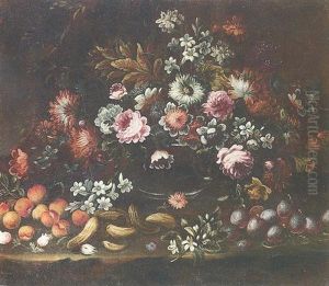 Mazzo Di Fiori In Brocca Di Vetro Si Basamento Con Frutta