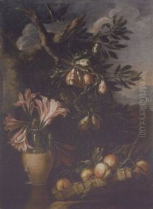 Groses Stilleben Mit Lilien In Einem Tonkrug, Pfirsichen Und Birnen Vor Einer Sudlandischen Landschaft by Felice Boselli