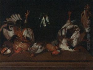 A Hanging Cockerel, Finches, Ducks And Jays With Dead Songbirds And A Grouse On A Table