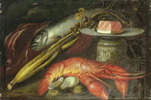 A Still Life Of A Lobster, Oysters, Fennel, A Stoneware Jar And A Lemon On A Silver Plate by Felice Boselli