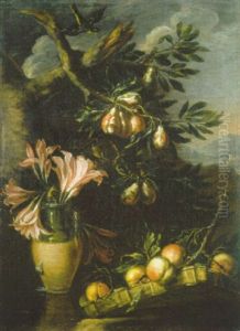 Groses Stilleben Mit Lilien In Einem Tonkrug, Pfirsichen Und Birnen Vor Einer Sudlandischen Berglandschaft by Felice Boselli