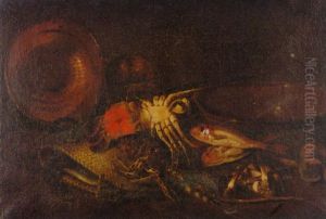 Lobsters, A Basket, An Upturned Copper Dish, A Red Mullet And A Terracotta Bowl On A Ledge Lobsters, A Basket, An Upturned Copper Dish, A Red Mullet And A Terracotta Bowl On A Ledge