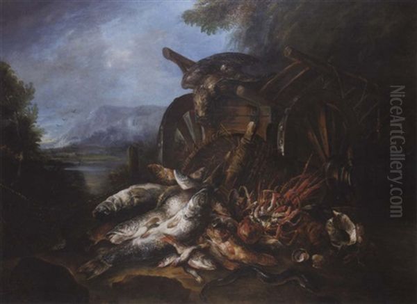 A Dead Falcon On A Barrow, Cod, Red Mullet, An Eel And Other Fish, A Crab, A Conch Shell And Scallop Shells On The Bank Of An Estuary - view 1