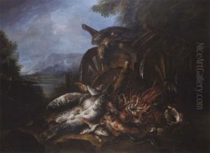 A Dead Falcon On A Barrow, Cod, Red Mullet, An Eel And Other Fish, A Crab, A Conch Shell And Scallop Shells On The Bank Of An Estuary