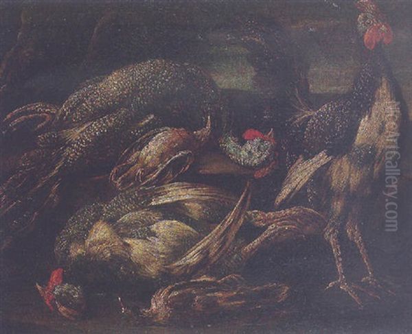 Cockerels And Other Birds In A Landscape - view 1
