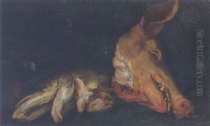 Still Life Of A Hog's Head, A Pike And Mushrooms, Beside A Wicker Basket