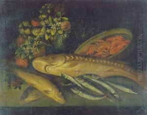 Pesci E Fiori Su Un Piano Di Pietra Con Gamberi In Una Cesta