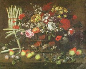 Stilleben Mit Blumen In Einem Bastkorb, Links Ein Bundel Spargel, Im Vordergrund Birnen Und Pflaumen
