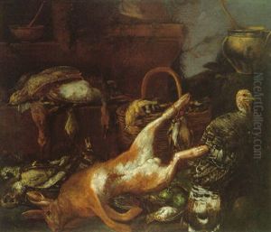 Cacciagione Con Beccaccie, Anatra Selvaggia, Merlo, Storno, Lepre, Tacchino, Stornello, Quaglia E Un Mestro by Felice Boselli
