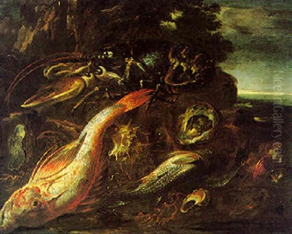 Still Life Of Fish And Shells In A Landscape, A View Of The Sea Beyond - view 1