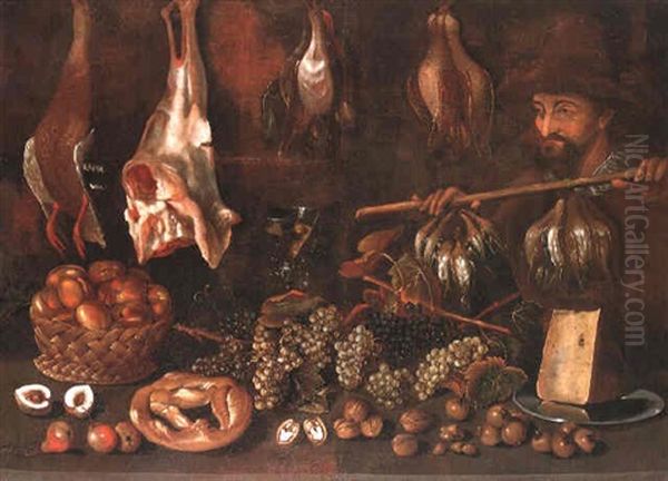 Still Life Of A Huntsman Carrying Song Birds Hanging From A Pole - view 1