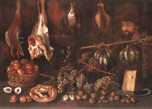 Still Life Of A Huntsman Carrying Song Birds Hanging From A Pole by Felice Boselli