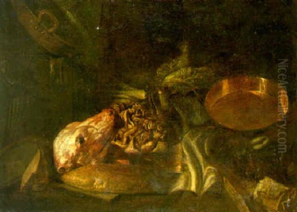 A Still Life Of A Flayed Calf's Head, Intestines And A Savoy Cabbage - view 1