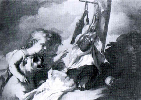 Two Children With A Mastiff Beside Offal Hanging From A Post - view 1