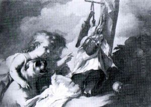 Two Children With A Mastiff Beside Offal Hanging From A Post