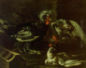 Pigeons And Poultry In A Yard by Felice Boselli