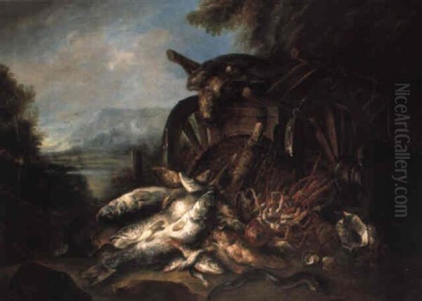A Dead Falcon On A Barrow, Cod And Other Fish And Seafood On An Estuary Bank - view 1