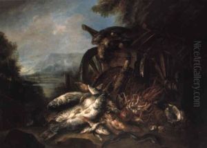 A Dead Falcon On A Barrow, Cod And Other Fish And Seafood On An Estuary Bank by Felice Boselli