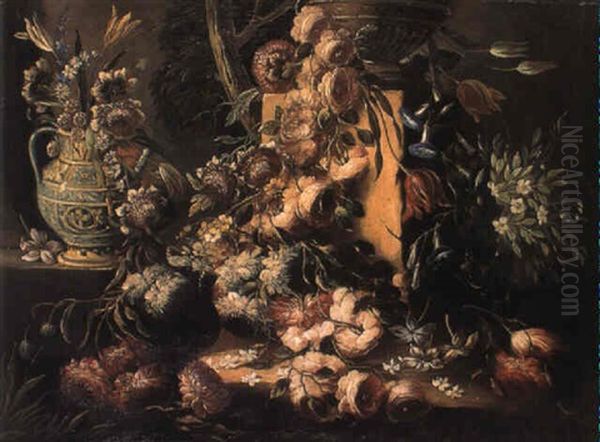 Still Life With Flowers Draped Around A Pillar... - view 1