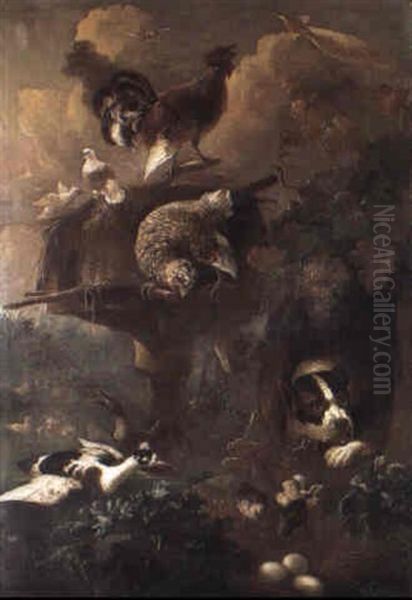 Domestic Fowl By A Dovecote In A Pond With A Dog Chained To A Kennel - view 1