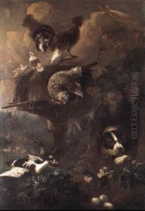 Domestic Fowl By A Dovecote In A Pond With A Dog Chained To A Kennel