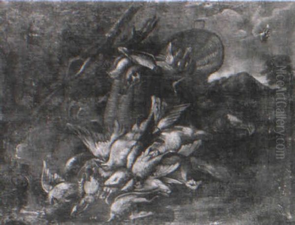 A Hunting Basket, Shotgun And Dead Birds By A Stream - view 1