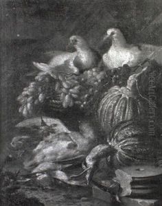Doves Perched On A Basket Of Grapes, With Carnations And Bords On A Bank
