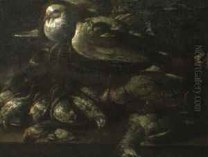 A Dove Nestling In A Basket, Surrounded By Other Dead Birds On A Ledge by Felice Boselli